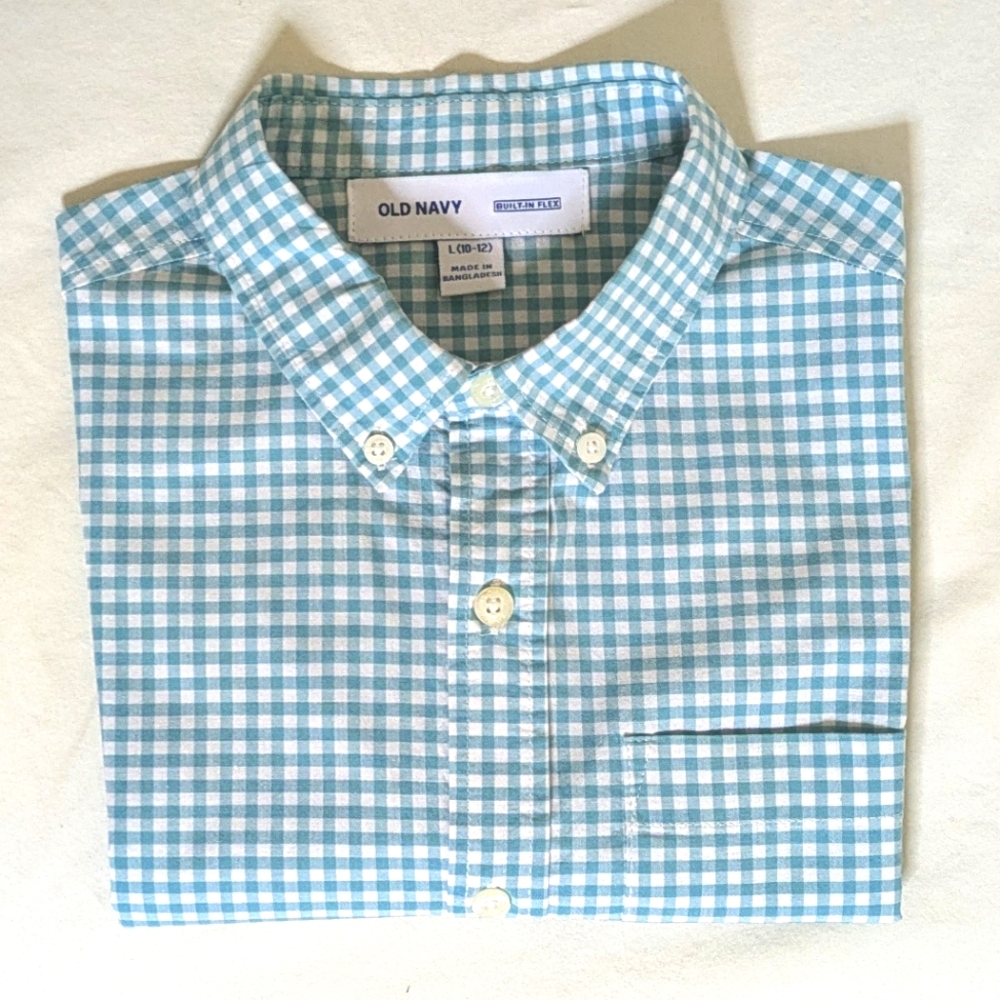Old Navy button down one pocket plaid shirt, teal, boys size 10-12